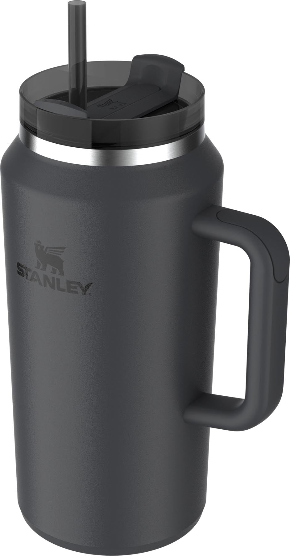Schwarzer Quencher Tumbler von Stanley mit 1,9 l Volumen, perfekt für unterwegs, hält Getränke lange heiß oder kalt.