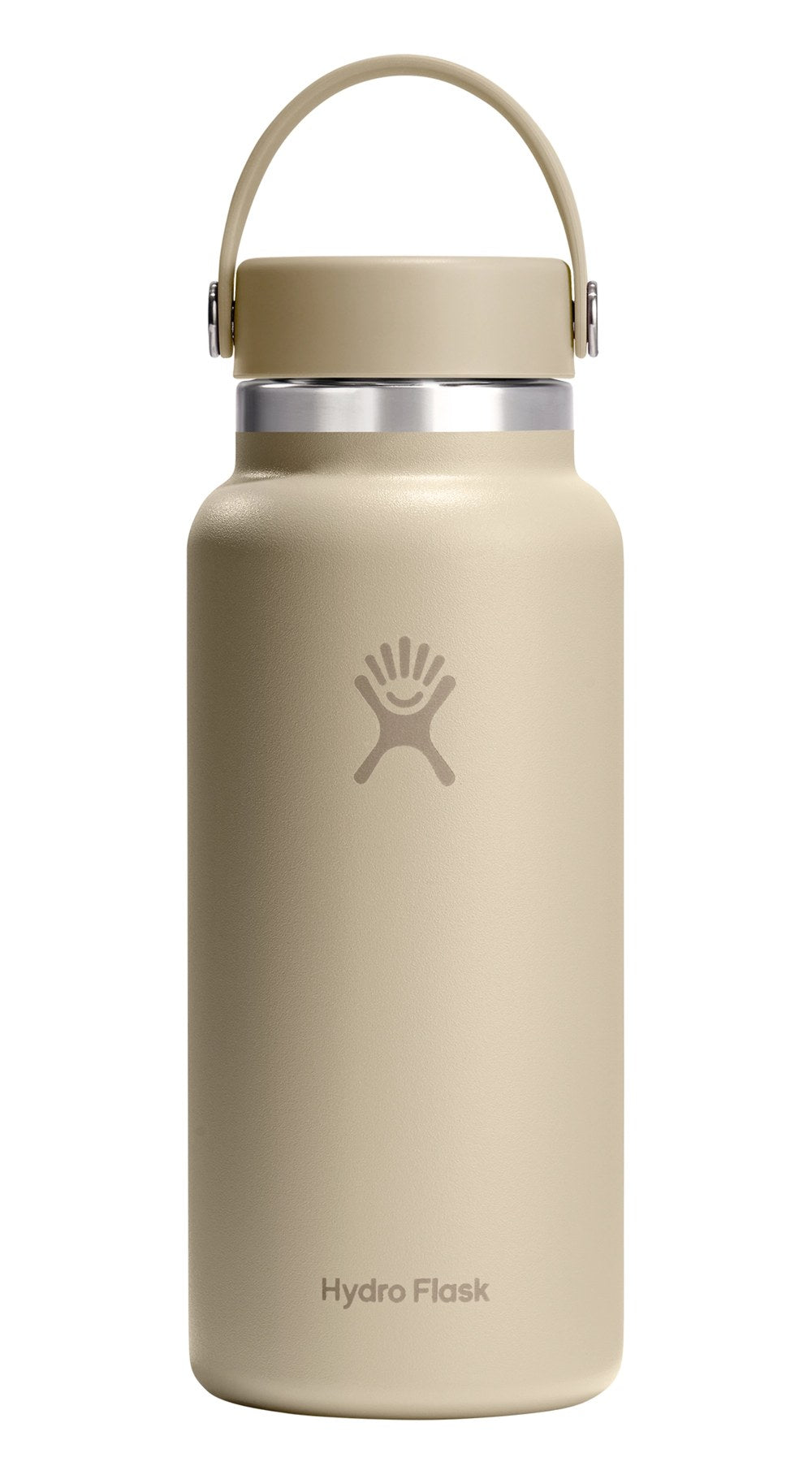 Beige Thermosflasche von Hydro Flask, Modell Wide Flex Cap, 946ml Fassungsvermögen, schlanke zylindrische Form mit Schraubverschluss.