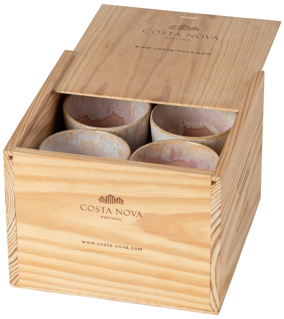 Acht Kaffeetassen aus feinem Steingut von Costa Nova, Farbe Blau, in schlichter runder Form, angeordnet als Set in einer Geschenkbox.