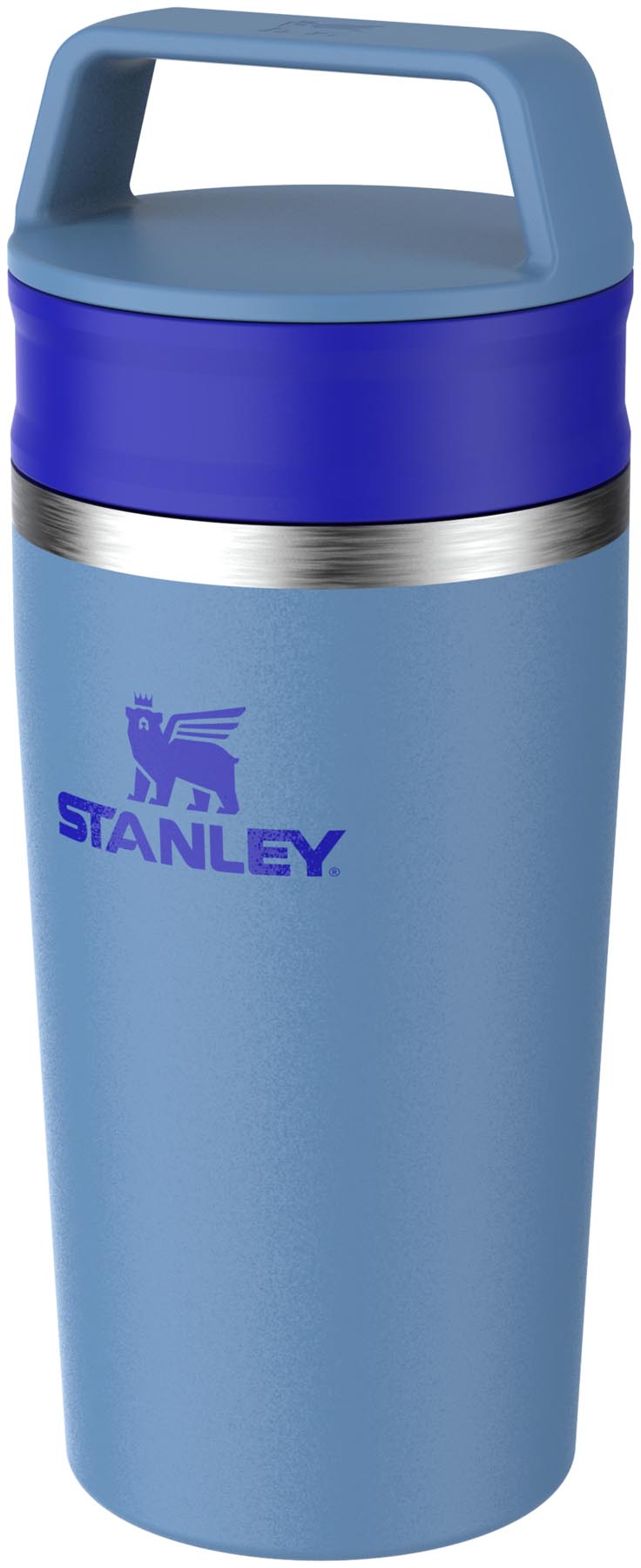 Eleganter blauer Stanley Travel Mug mit 0.35l Fassungsvermögen, perfekt für Kaffee unterwegs, bietet hervorragende Isolierung und einen sicheren Deckel.