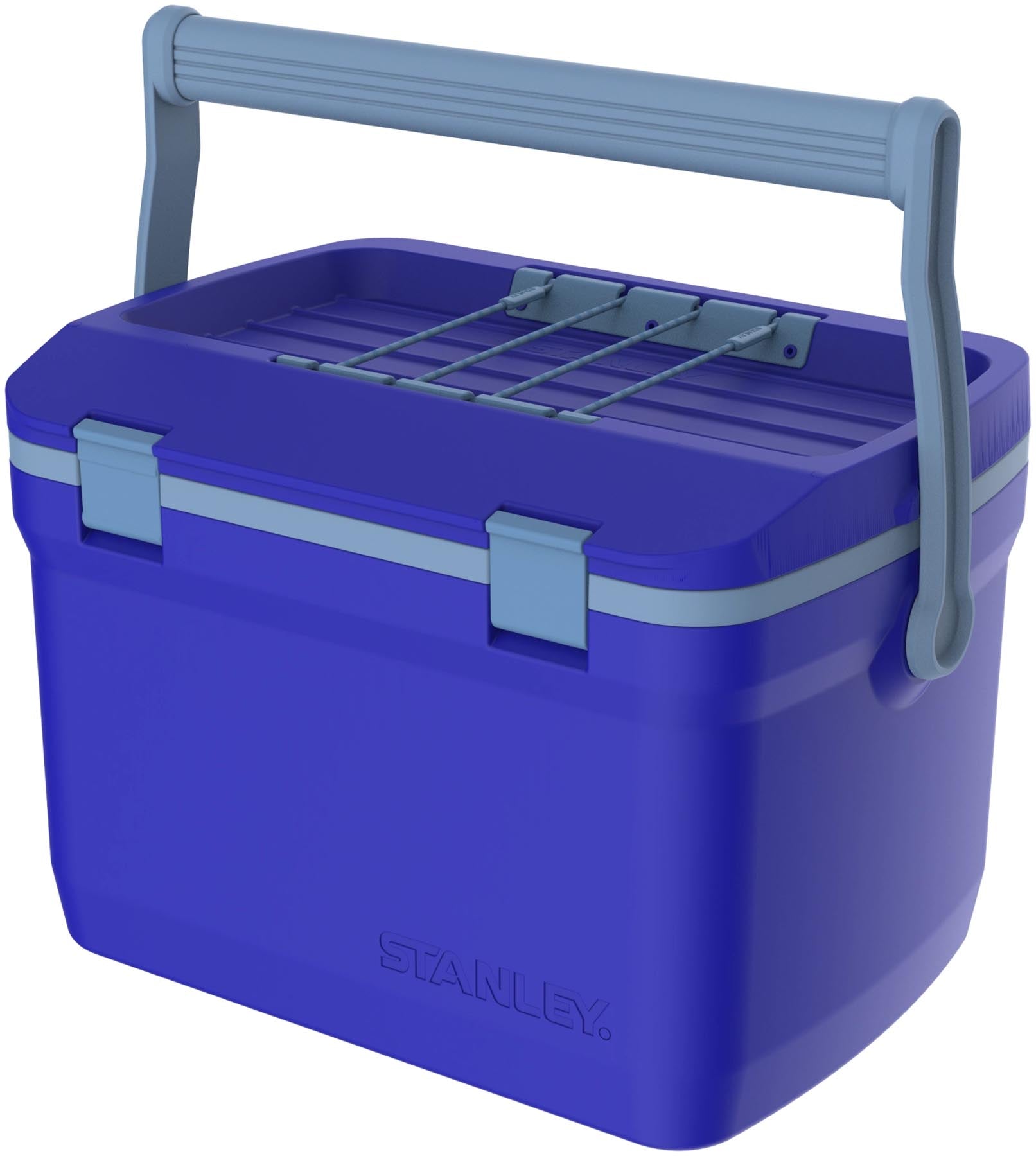 Robuste Kühltasche in Cobalt-Blau von Stanley, perfekt für Abenteuer im Freien, bietet 15.1l Platz für Getränke und Snacks.
