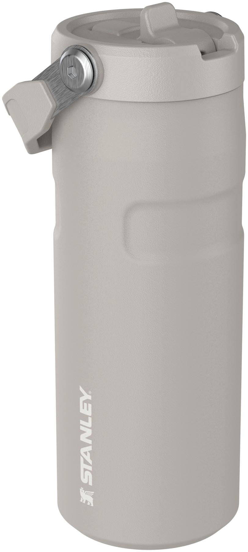 Moderne Stanley Flasche in elegantem Grau mit praktischem Flip Straw, 0.47l Fassungsvermögen, ideal für kalte Getränke unterwegs.