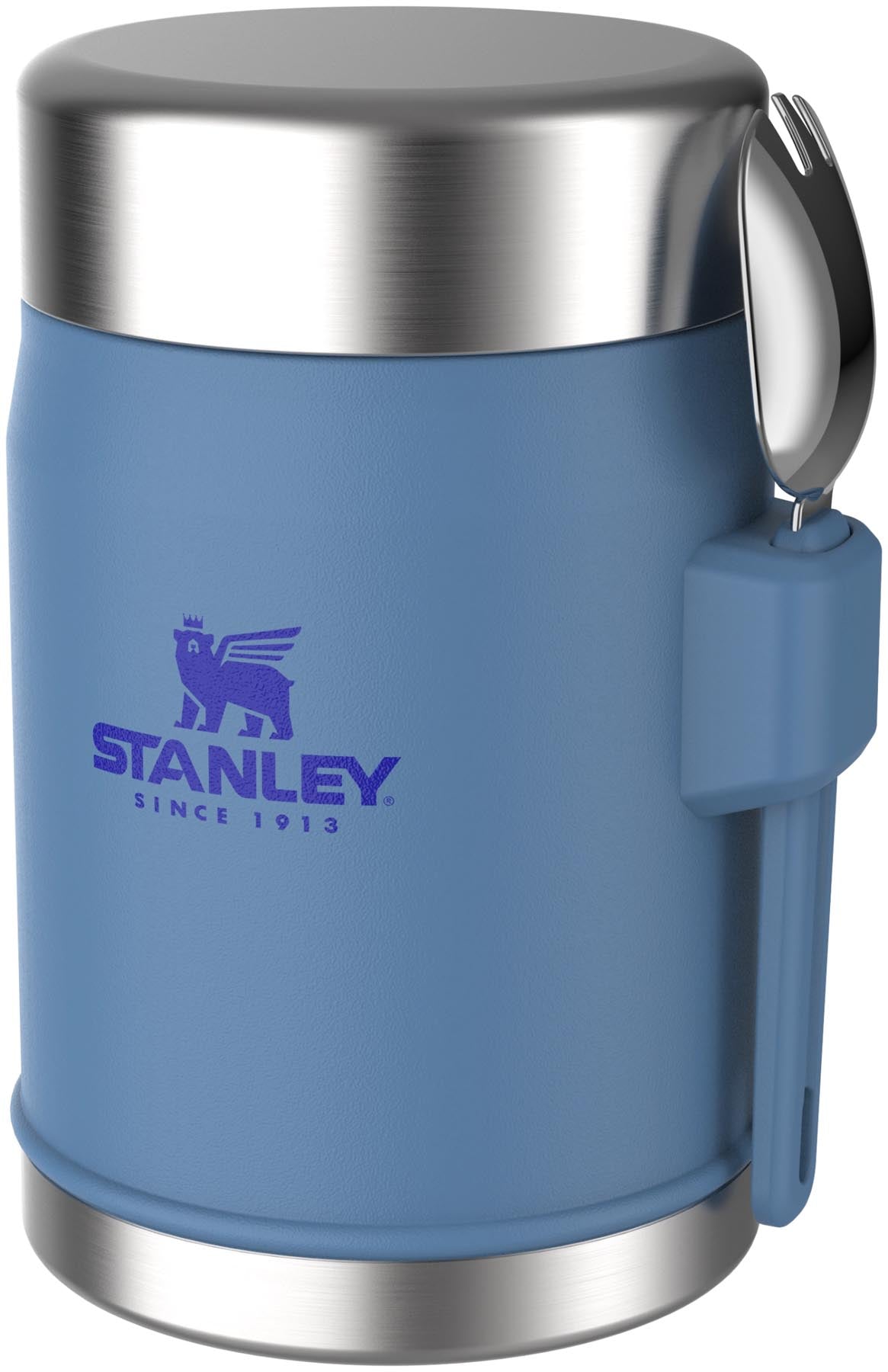 Praktischer blauer Stanley Food Jar mit integriertem Spork, 0.4l, ideal für Mahlzeiten unterwegs, hält Speisen warm oder kalt.