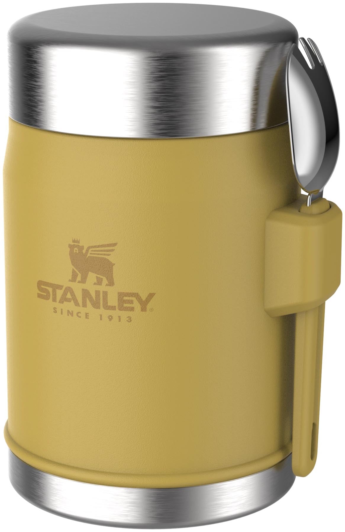 Praktischer Stanley Food Jar in Dijon-Gelb mit integriertem Spork, 0.4l, ideal für Mahlzeiten unterwegs, hält Speisen warm oder kalt.