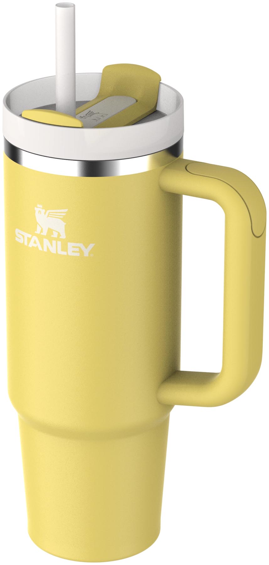 Moderne Stanley Thermosflasche Quencher FlowState 0.89l in strahlendem Daffodil-Gelb, perfekt für kalte und heiße Getränke unterwegs.