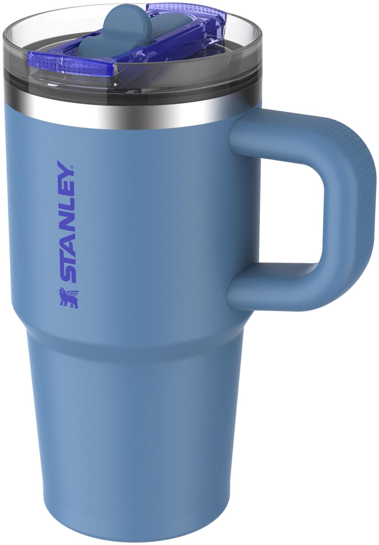 Moderne Stanley Thermosflasche Quencher ProTour mit Flip Straw in strahlendem Himmelblau, ideal für erfrischende Getränke unterwegs.