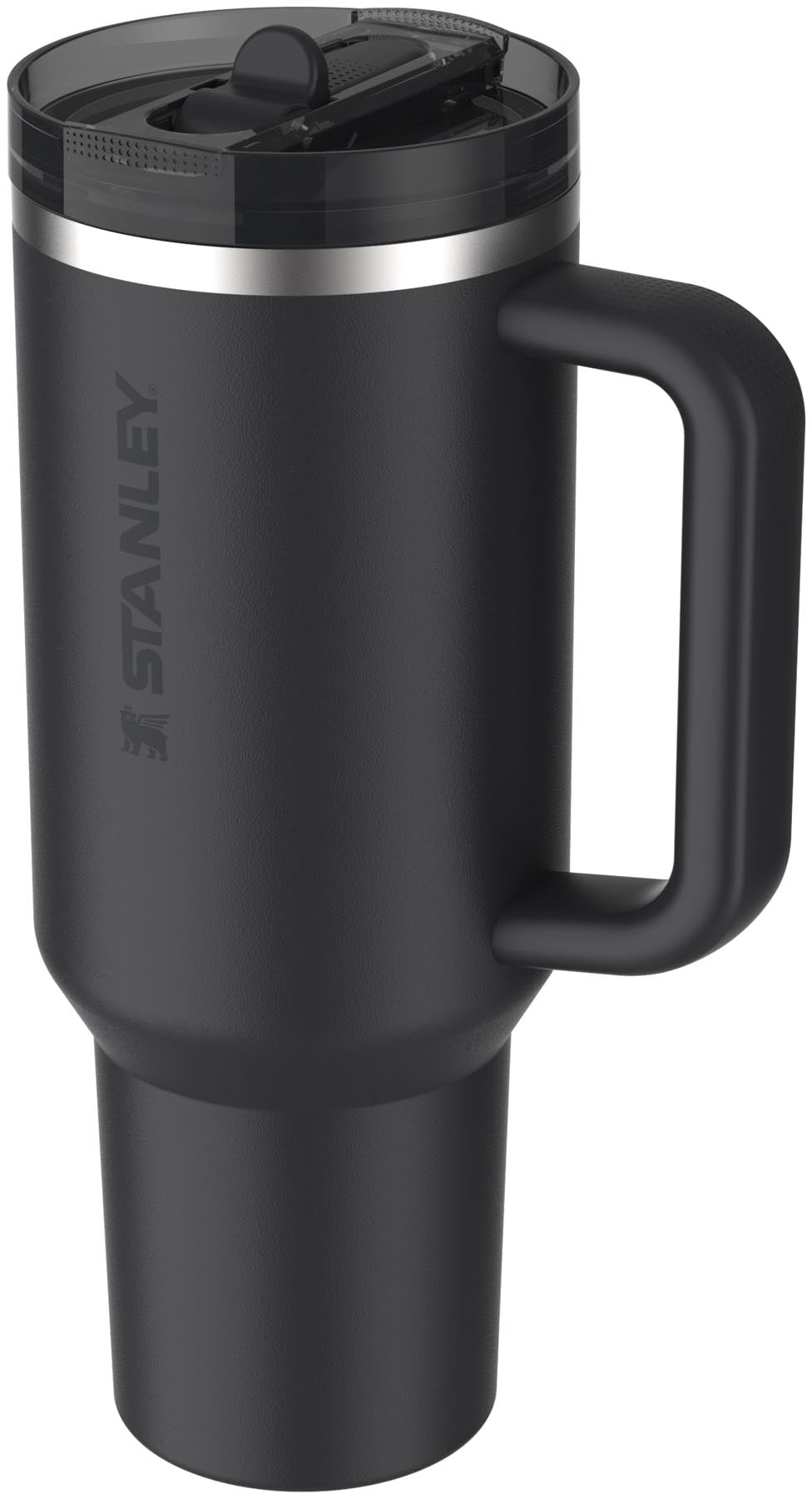Stylische schwarze Stanley Quencher ProTour Thermosflasche mit Flip Straw, 1.18l, perfekt für aktive Lebensstile und Outdoor-Abenteuer.