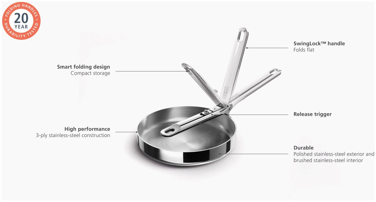 Space Steel Bratpfanne D20cm Edelstahl mit Klappgriff in Silber präsentiert im Onlineshop von KAQTU Design AG. Bratpfanne ist von Joseph Joseph