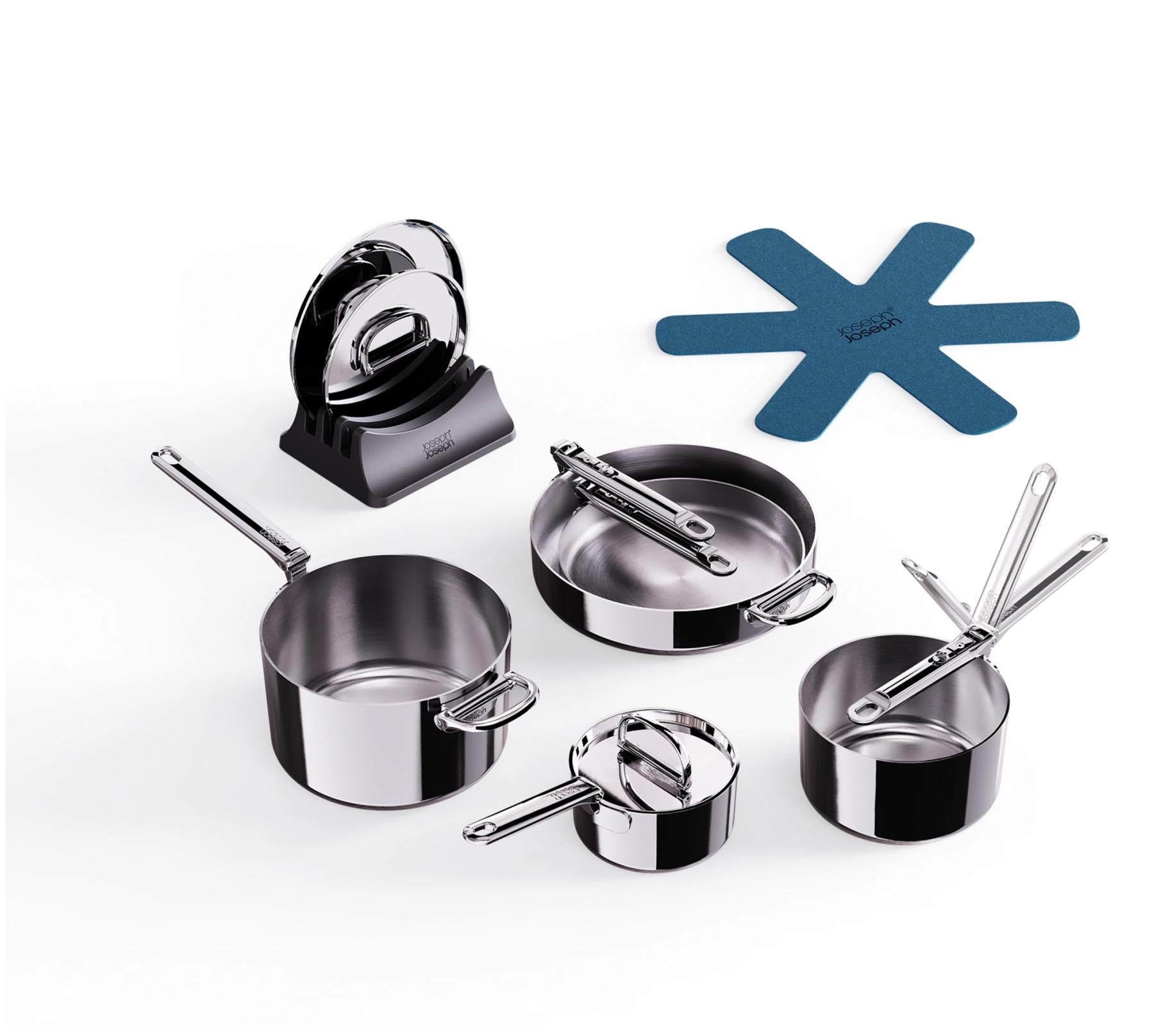 5er Set Space Steel Pfannenset Klappgriff 15+19+23+24+28cm in Silber präsentiert im Onlineshop von KAQTU Design AG. Bratpfanne ist von Joseph Joseph