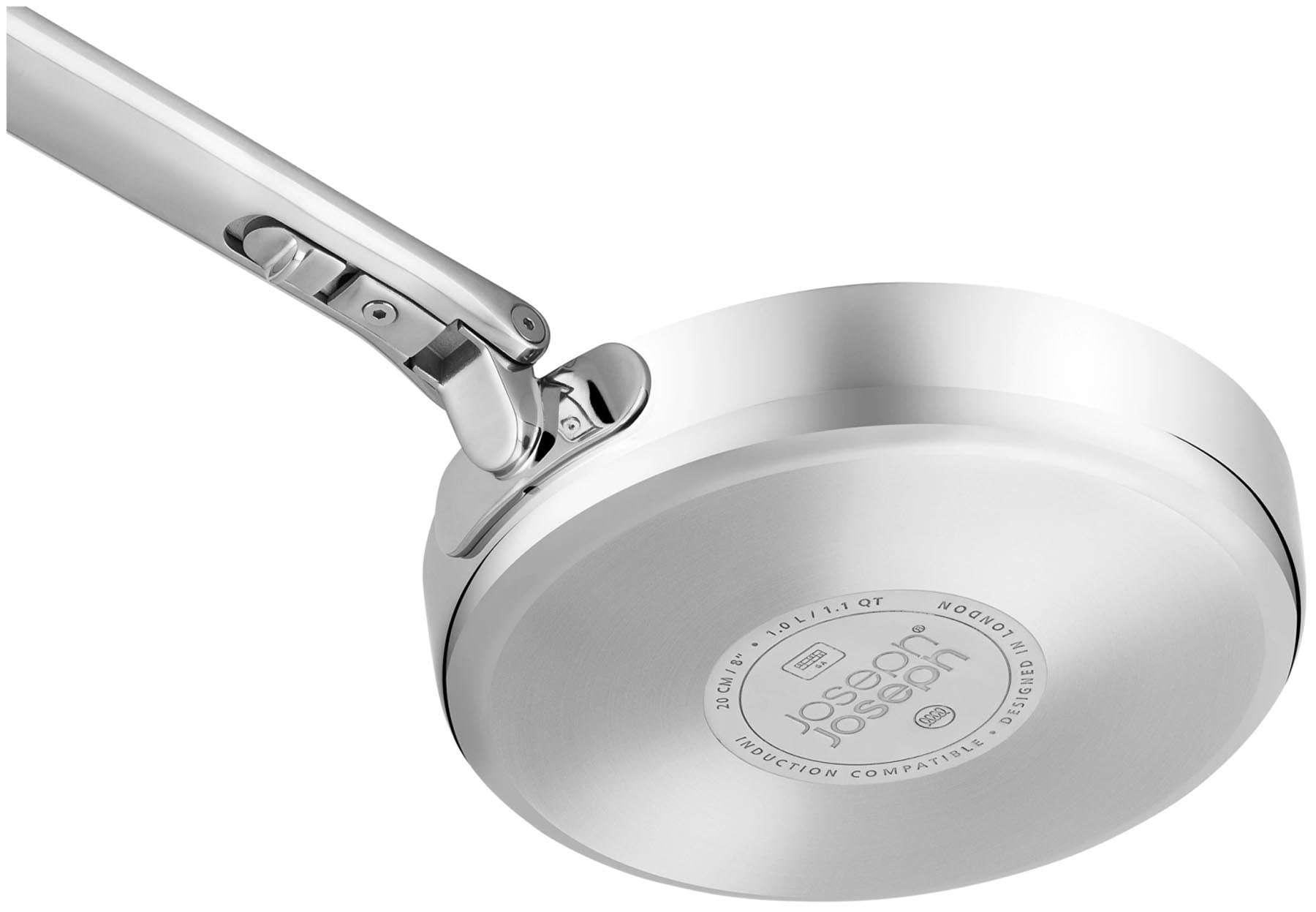 Elegantes 5-teiliges Pfannenset von Joseph Joseph mit klappbarem Griff, ideal für vielseitige Kochbedürfnisse und einfache Aufbewahrung.