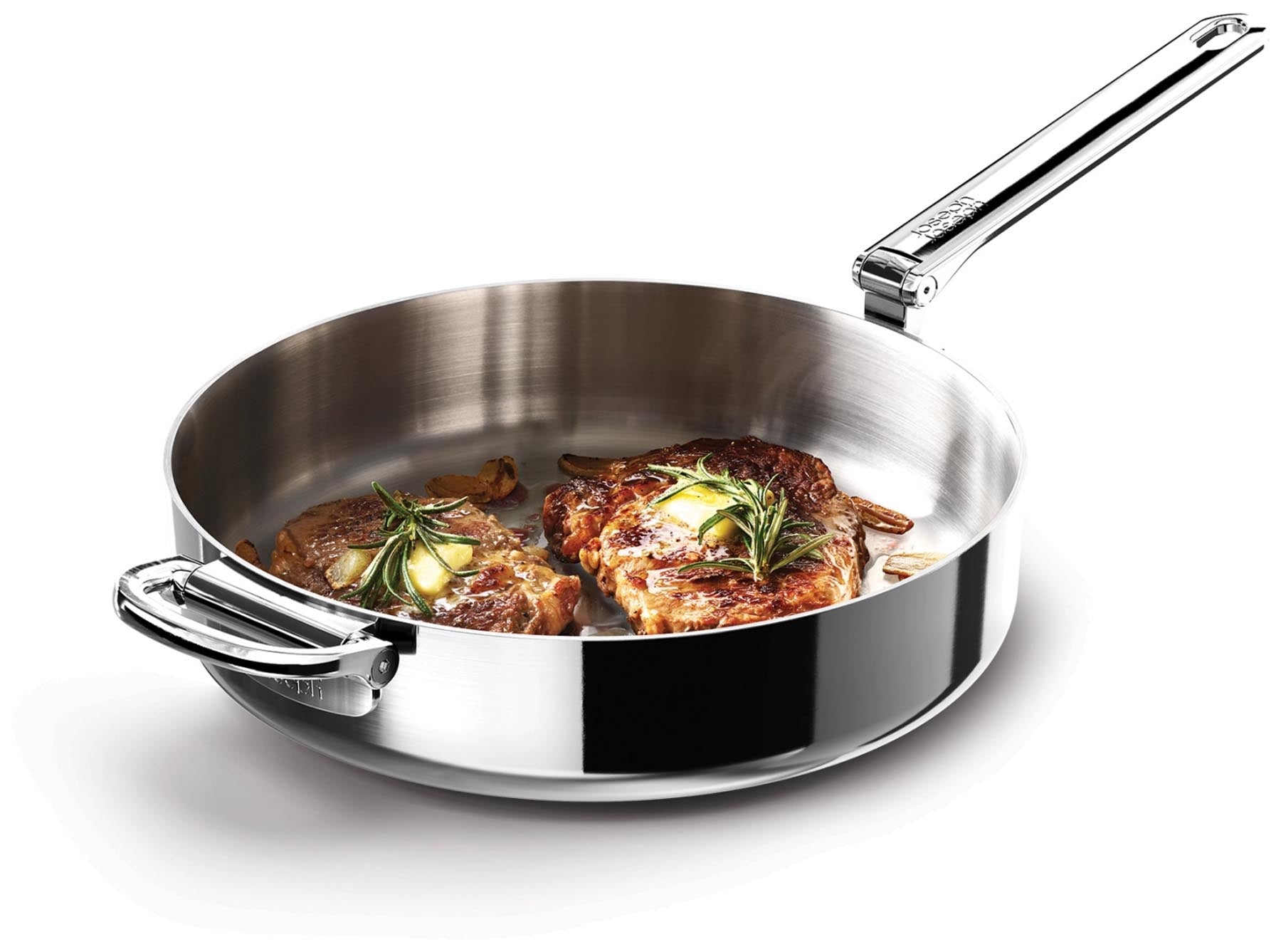 Elegantes 5er Pfannenset von Joseph Joseph mit klappbarem Griff, perfekt für effizientes Kochen und platzsparende Aufbewahrung.