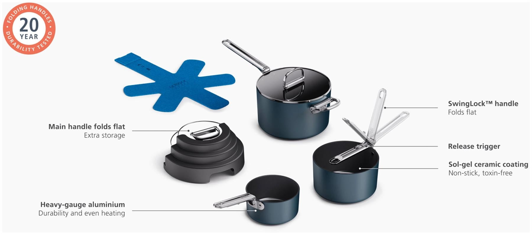 Elegantes 3-teiliges Kochtopfset in Blau von Joseph Joseph, ideal für platzsparendes Kochen, mit antihaftbeschichteten Oberflächen und stapelbarem Design.
