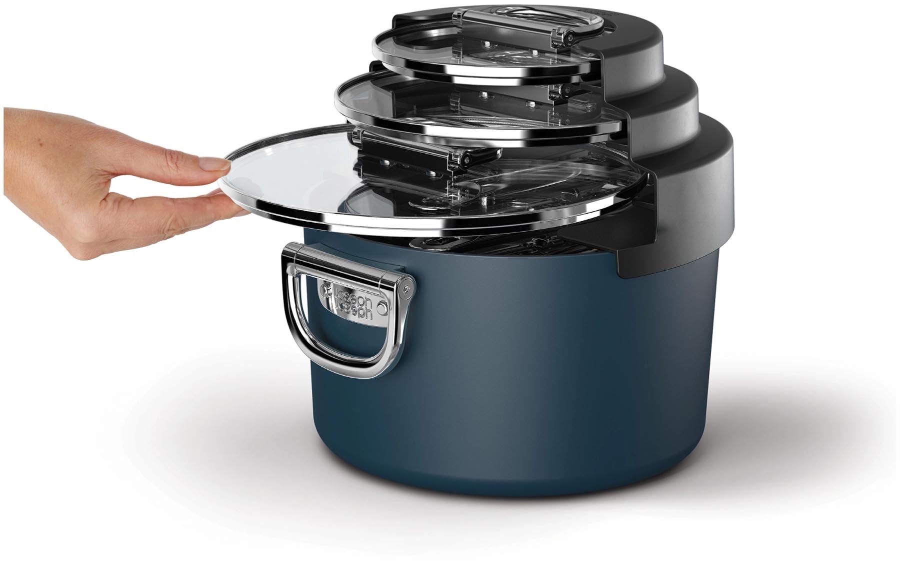 Elegantes 3er Set Space Stack Kochtöpfe von Joseph Joseph, antihaftbeschichtet, ideal für platzsparendes Kochen in verschiedenen Größen.