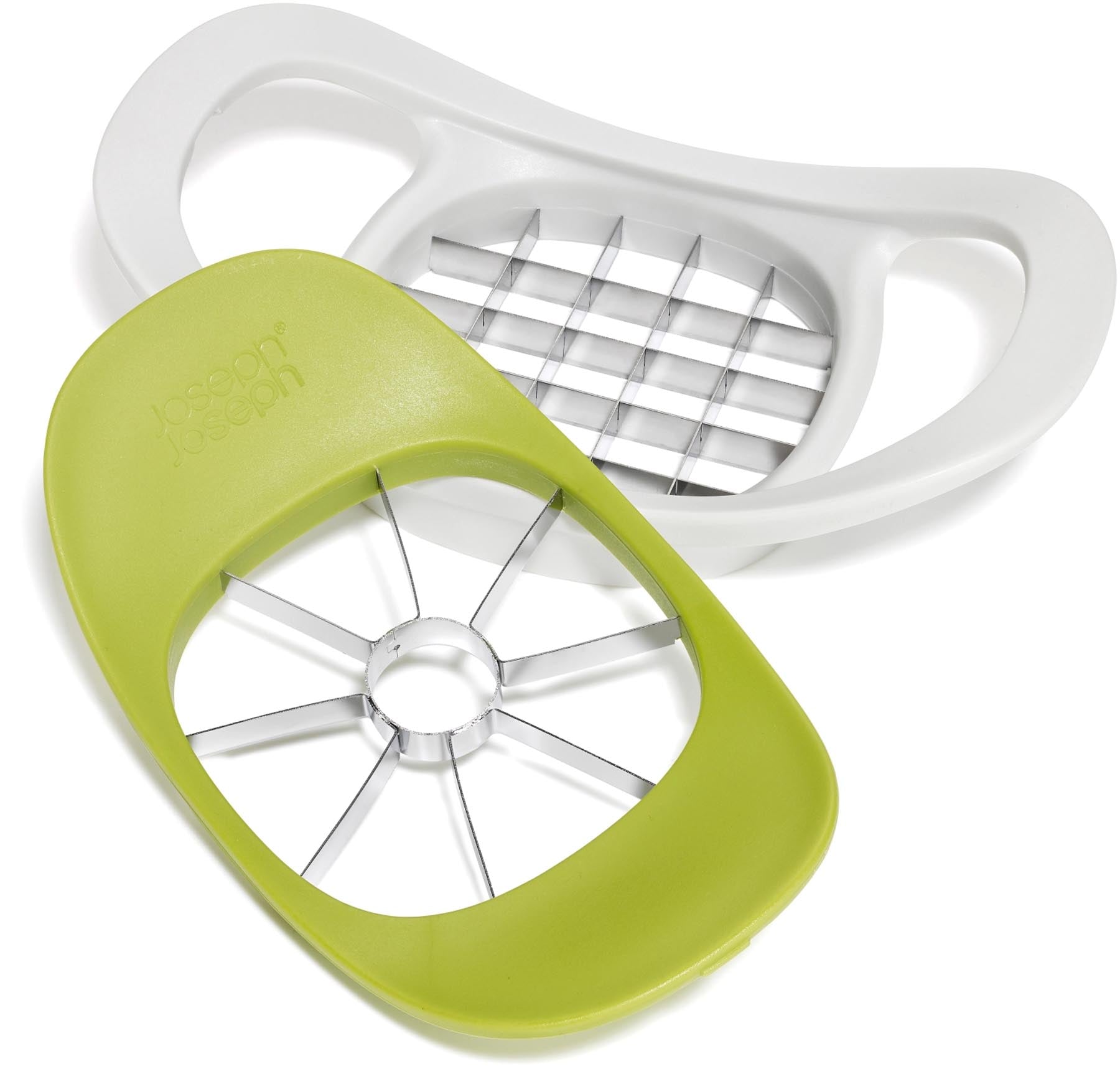 Vielseitiger 2-in-1 Schneider von Joseph Joseph in frischem Grün, perfekt zum mühelosen Zerteilen von Äpfeln und Kartoffeln.