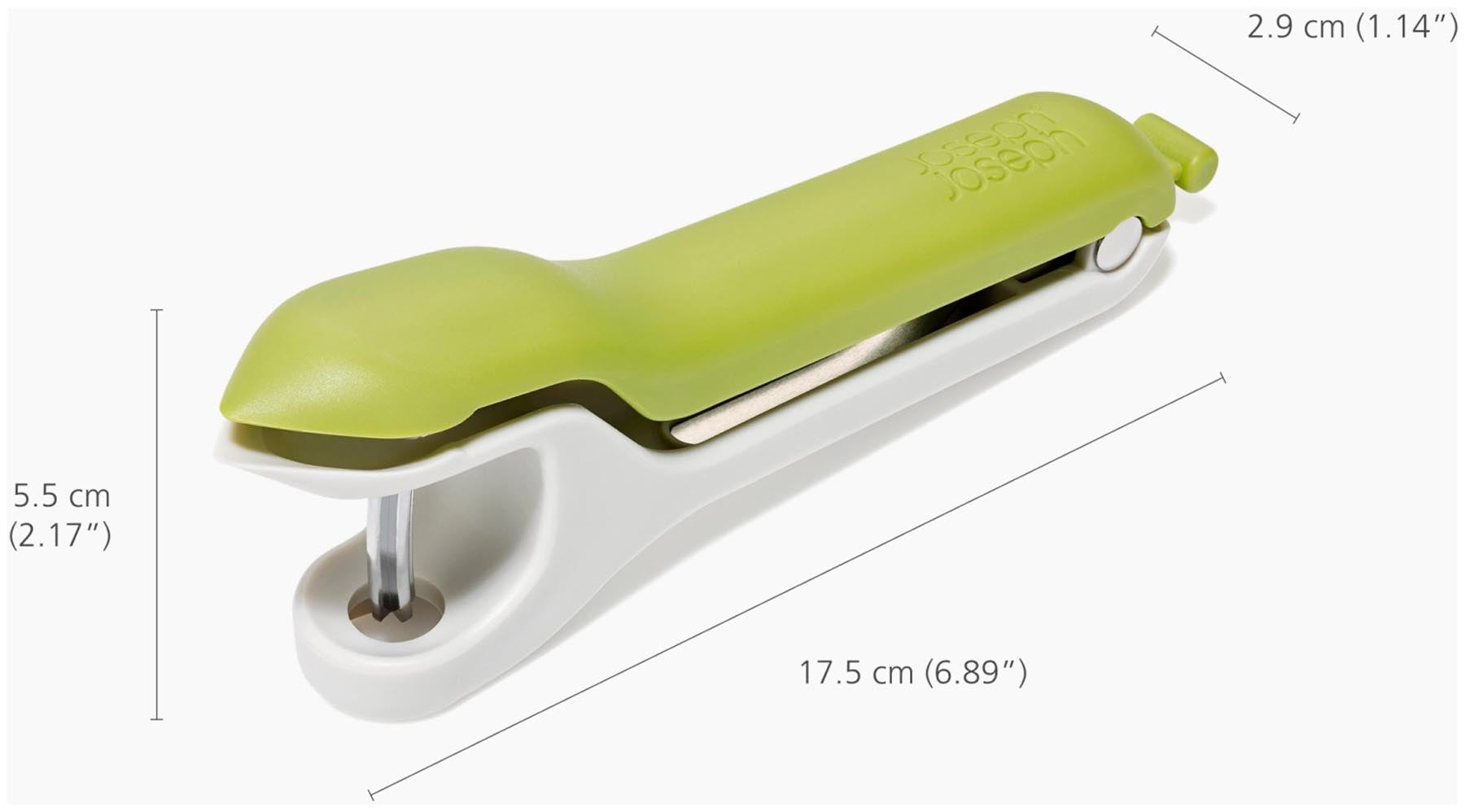 Stylischer Tweezy 2-in-1 Entkerner von Joseph Joseph in lebhaftem Grün, perfekt für müheloses Entkernen und präzises Schneiden von Früchten.