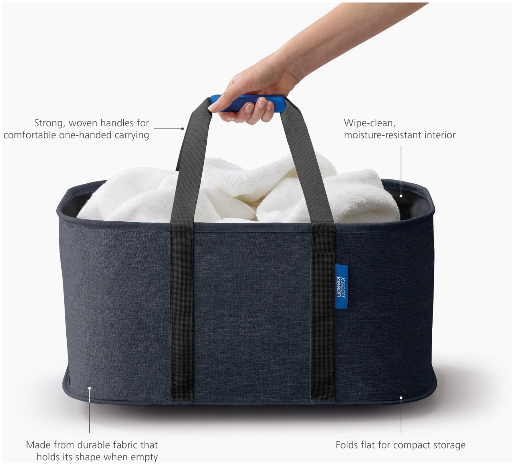 Faltbarer Wäschekorb in modernem Carbon Black, ideal für platzsparende Wäscheorganisation mit 35l Volumen.