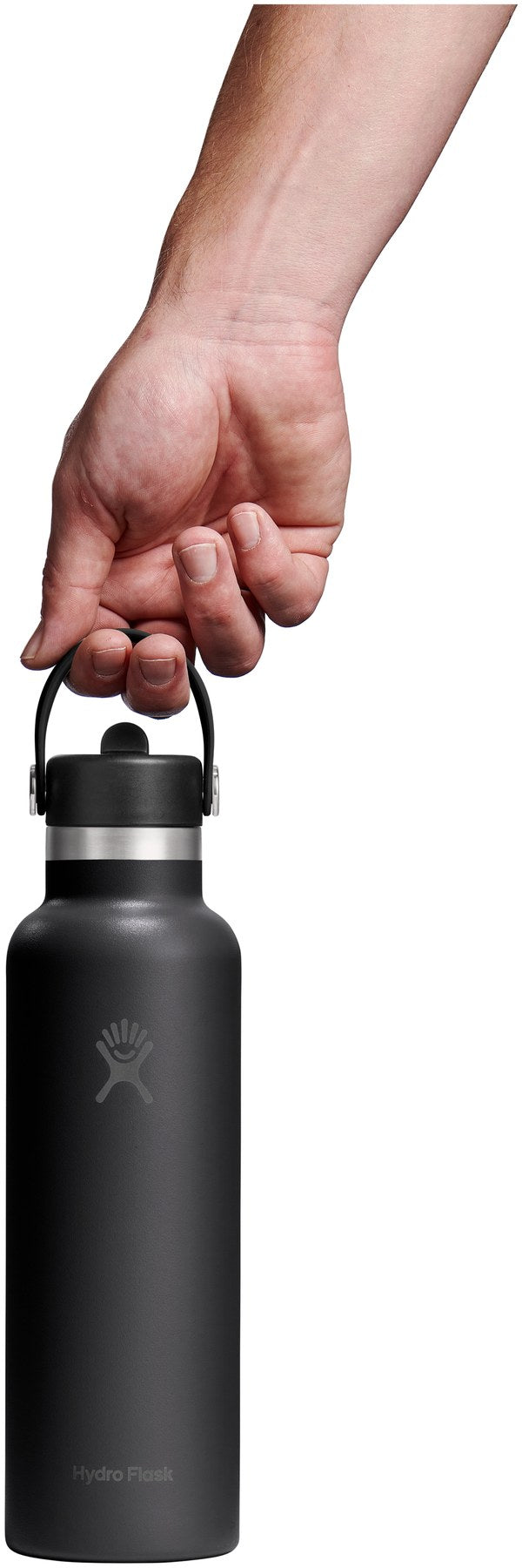 Schwarze Trinkflasche mit Flex Straw Cap Deckel und Trinkhalm von Hydro Flask, zylindrische Form, Fassungsvermögen 620 ml.