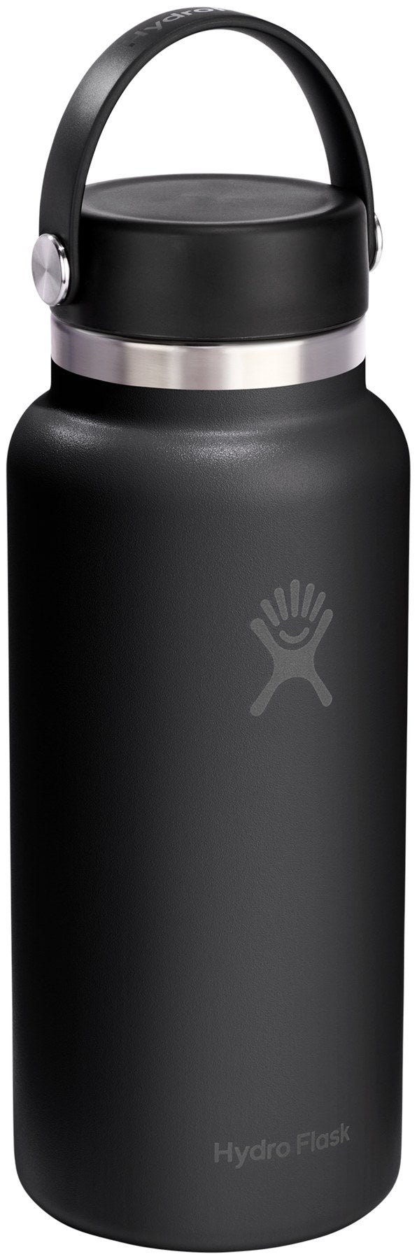 Schwarze Hydro Flask Wide Flex Cap Trinkflasche, Thermosflasche mit Schraubdeckel, schlanke zylindrische Form, Grösse ca. 9x9x28cm, freigestellt fotografiert.