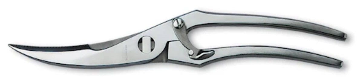 Silberne Geflügelschere aus rostfreiem Edelstahl mit ergonomischem Griff und feststellbarer Klinge, Küchenhelfer von Victorinox.