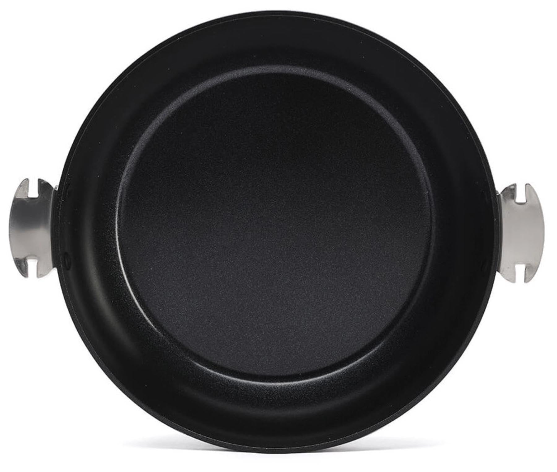 Elegante schwarze Sauteuse von de Buyer, 28 cm, aus hochwertiger Keramik – ideal für schonendes Braten und Kochen.