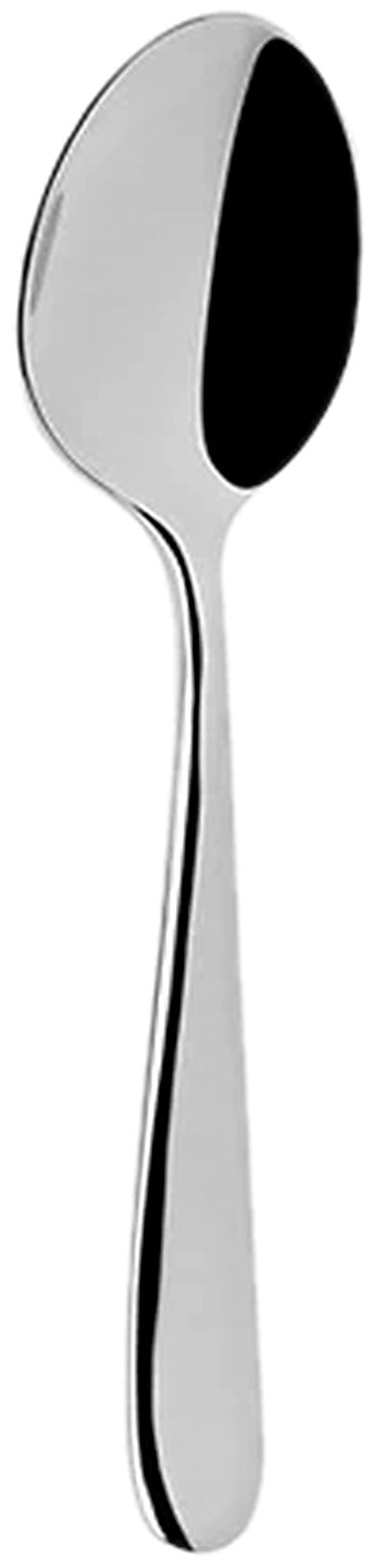 Silberner Teelöffel City 18/10 von Abert aus Edelstahl mit schmalem Griff, Länge 12.8 cm, freigestellt vor hellem Hintergrund fotografiert.