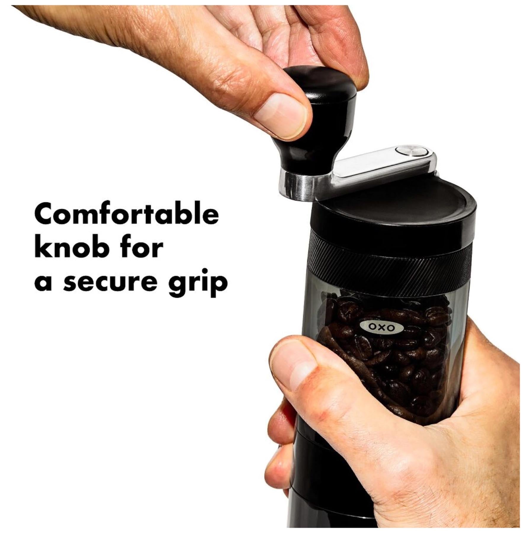 Elegante OXO Kaffeemühle in Schwarz, ideal für frisch gemahlenen Kaffee, mit präziser Einstellung des Mahlgrads für jeden Geschmack.