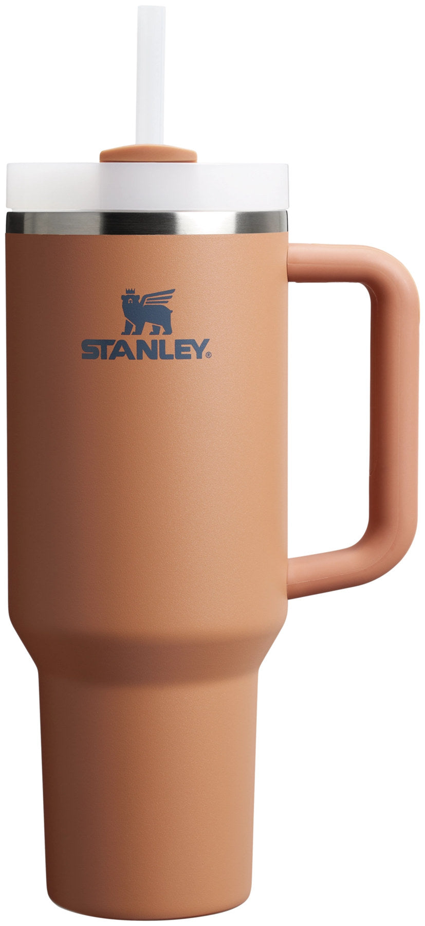 Braune Stanley Thermosflasche Quencher FlowState 1.18l mit Deckel, Trinkhalm und Tragegriff, freigestellt fotografiert vor hellem Hintergrund.