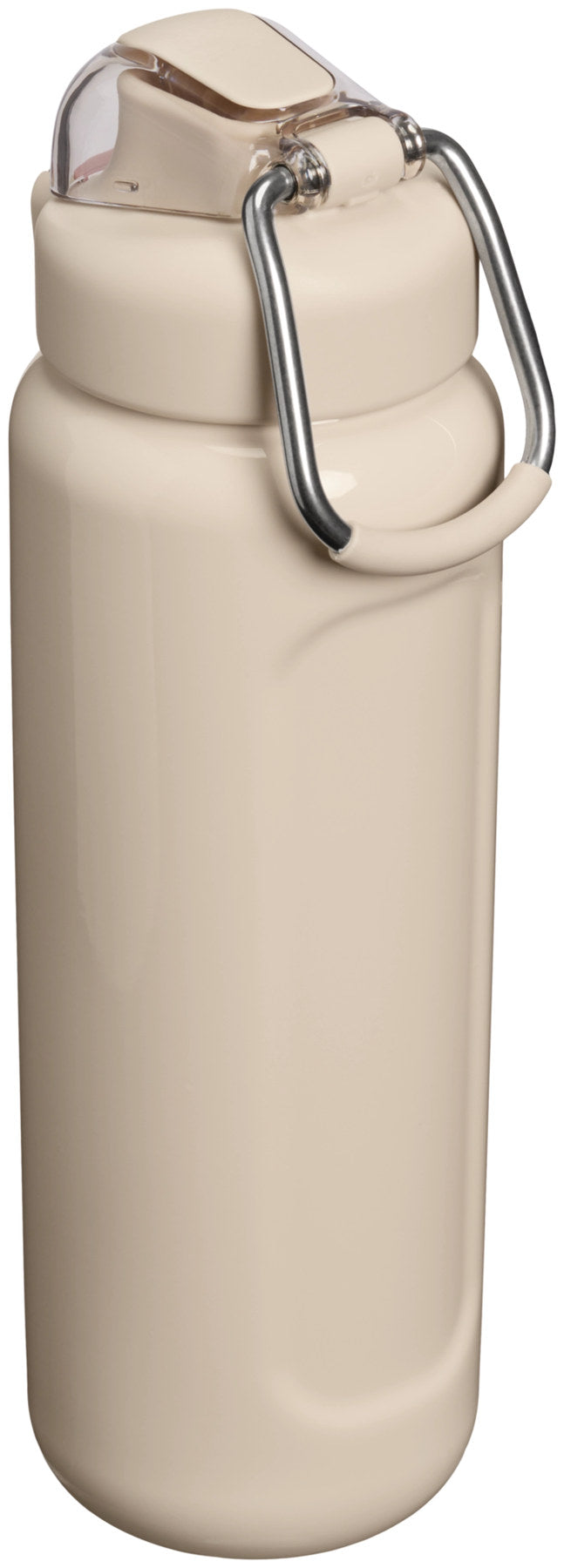 Beige glänzende Thermosflasche Stanley Wellspring 0.71l mit rundem Korpus, Schraubverschluss und glatter Oberfläche, freigestellt fotografiert.