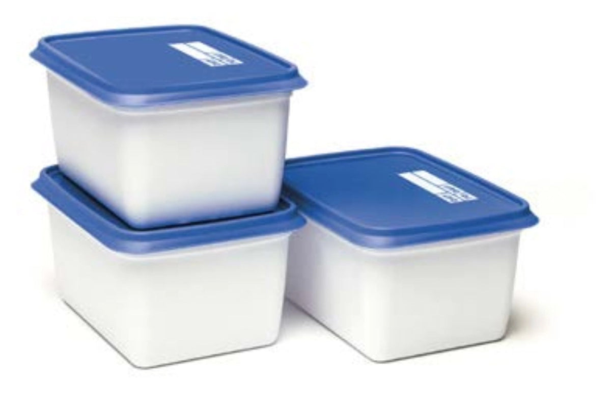 Drei blaue Gefrierboxen mit Deckel in rechteckiger Form, Fassungsvermögen je 1000ml, Marke Day To Day, Grösse 13 x 13 x 17 cm.
