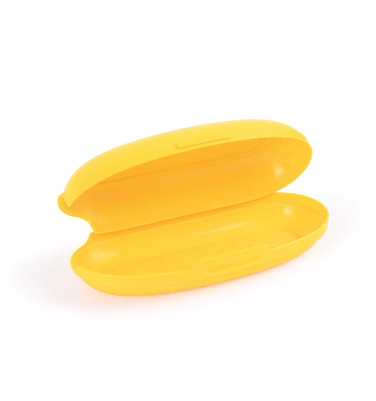 Gelbe Bananenbox von Day To Day mit ovaler, geschwungener Form, passend für eine Banane, Grösse 22 x 9 x 5.5 cm, aus Kunststoff gefertigt.
