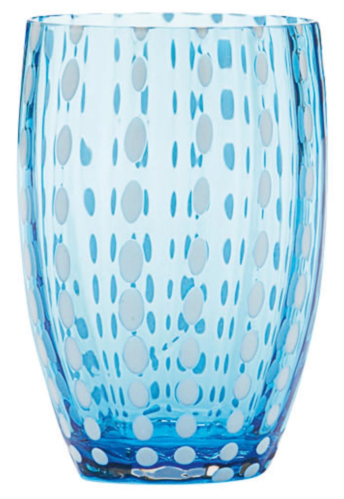 Blauer Glasbecher Perle 32cl von Zafferano mit spiralförmigem Muster, mundgeblasen, Höhe 10.9 cm, Durchmesser 7.1 cm, auf hellem Hintergrund fotografiert.