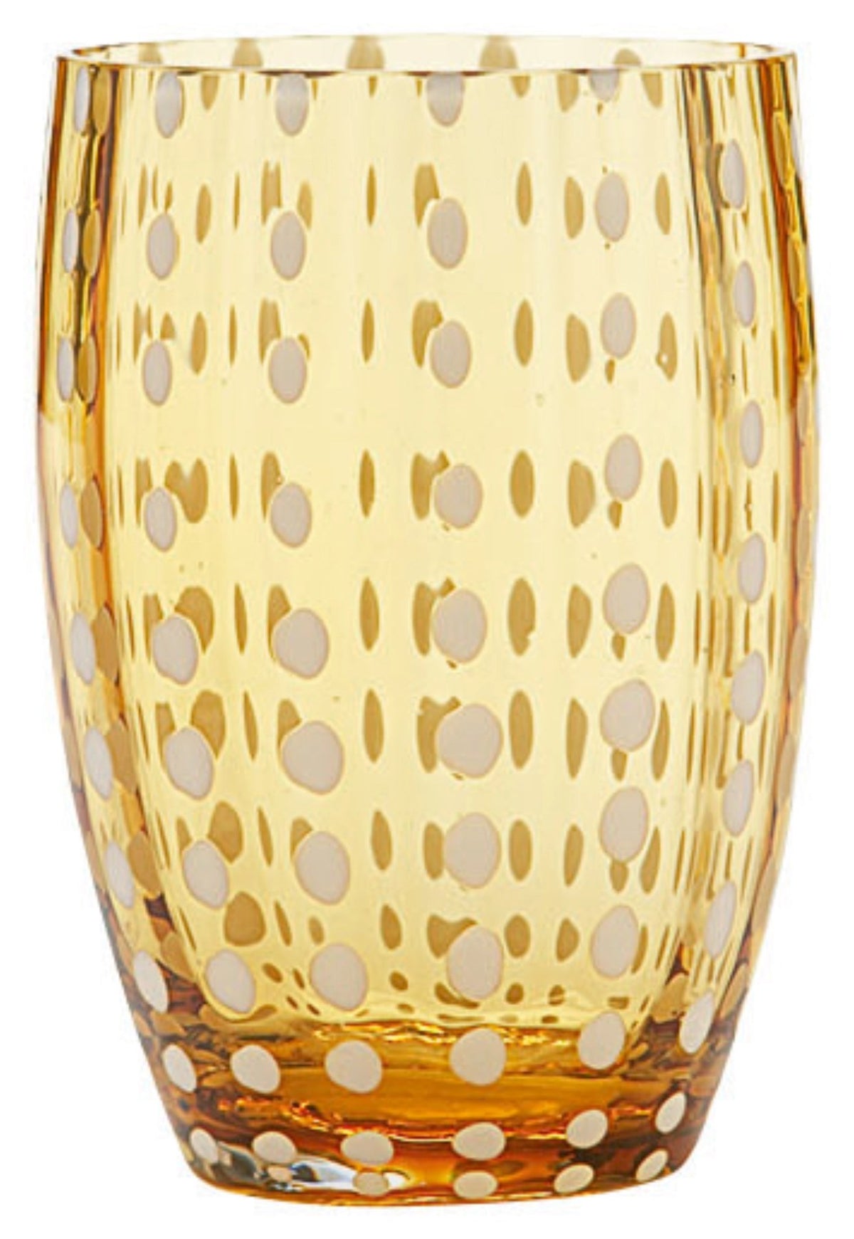 Gelber Glasbecher von Zafferano mit spiralförmigem Muster, mundgeblasen, Höhe 10.9 cm, Durchmesser 7.1 cm, Modell Perle.
