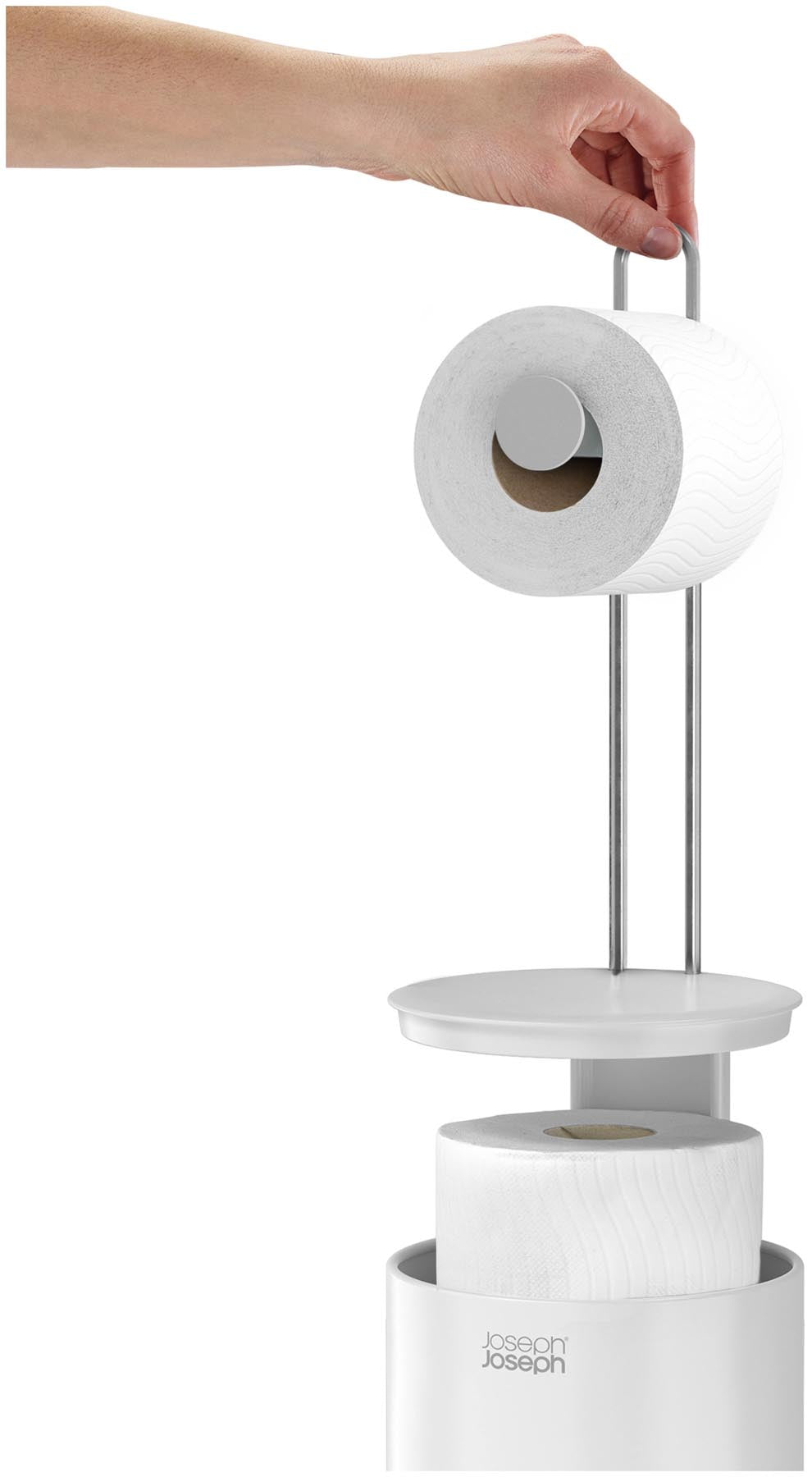 Moderner Toilettenpapierhalter in strahlendem Weiß von Joseph Joseph, ideal für stilvolle Badezimmer und praktische Anwendung.