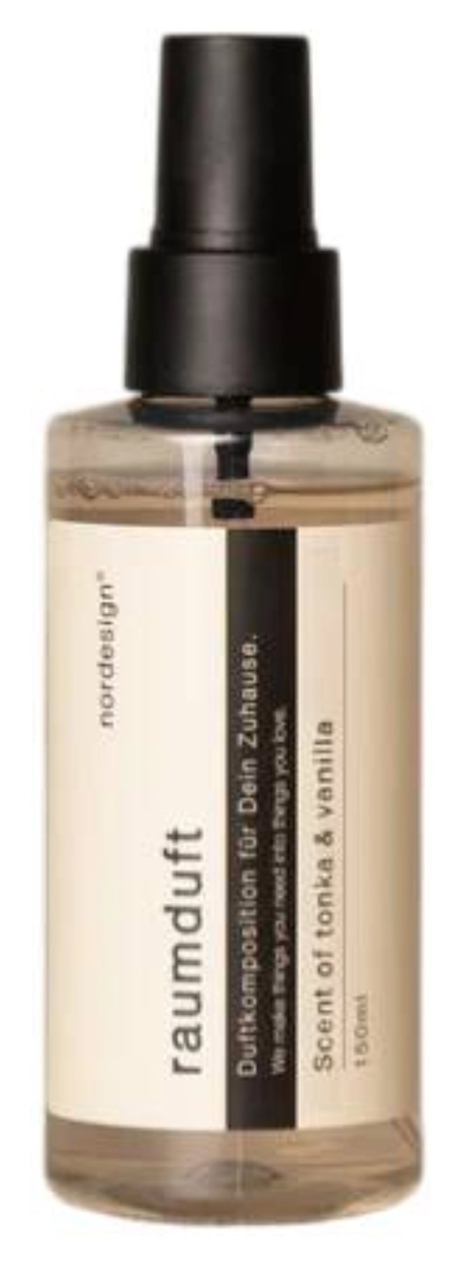 Raumduftflasche Scent of Tonka & Vanilla 150ml von Nordesign mit Sprühaufsatz, mehrfarbiges Design, Grösse 4.8 x 4.8 x 15 cm.
