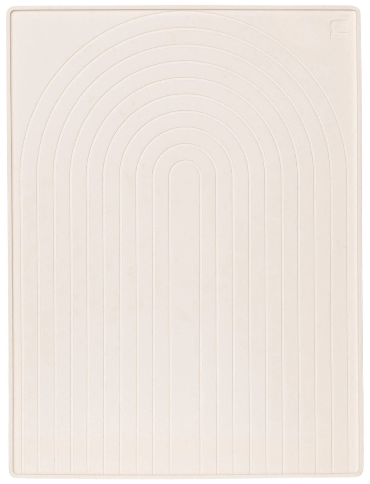 Weisse Silikon-Abtropfmatte mit strukturierter Oberfläche und Bogenmuster, Masse 40x30x1.5 cm, auf heller Arbeitsfläche.