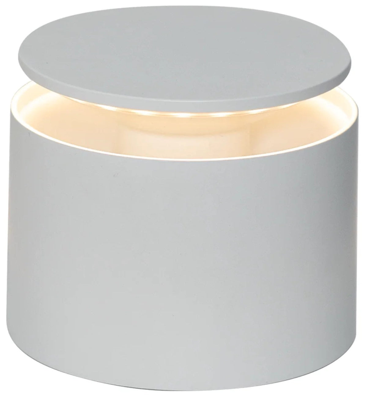 Weisse Push-Up Tischlampe von Zafferano, rundes Design mit Sockel und beweglichem Lampenkopf, kabellos und akkubetrieben.