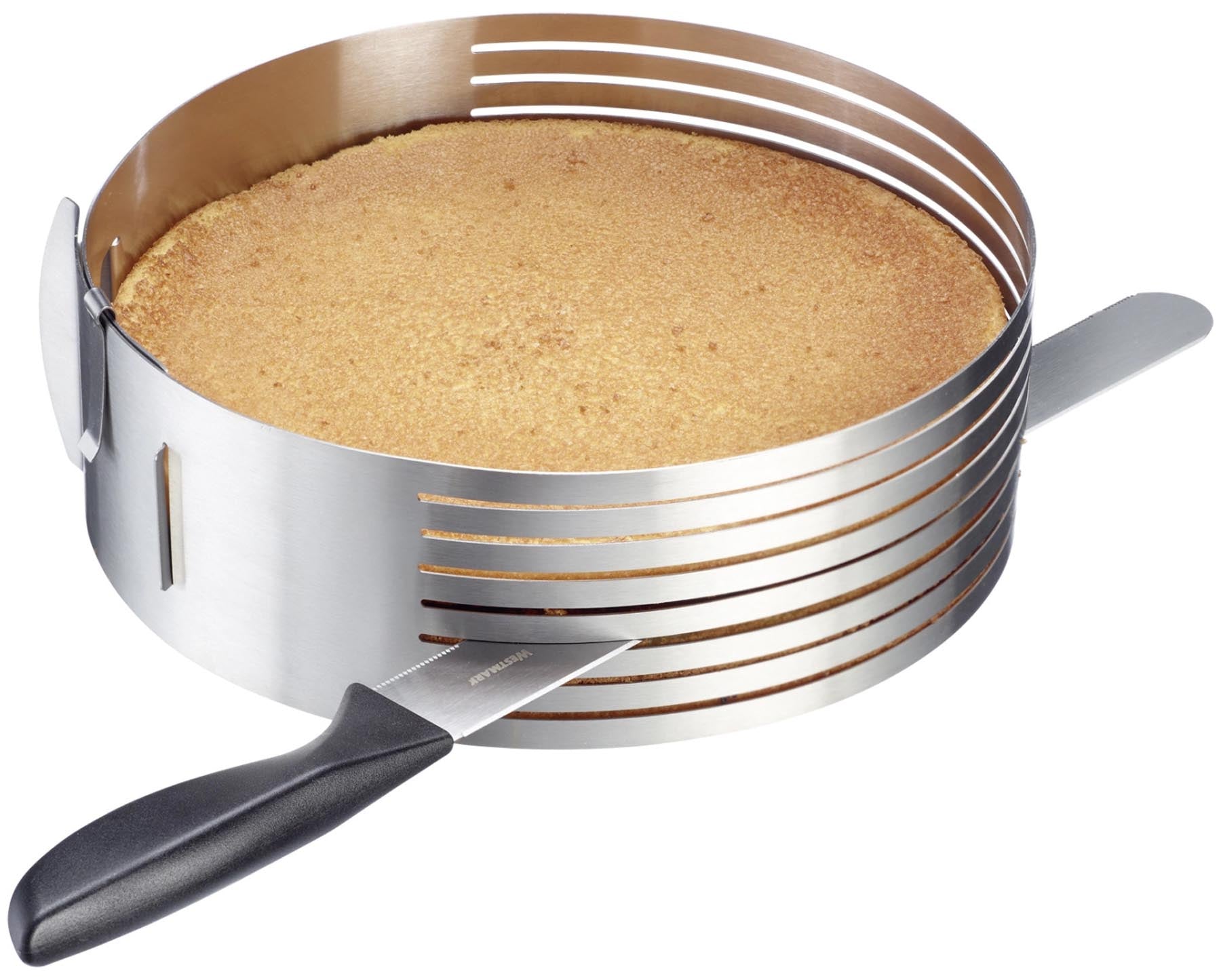 Effiziente Schneidhilfe für Tortenböden von Westmark, sorgt für präzise und gleichmäßige Schnittführung beim Backen.