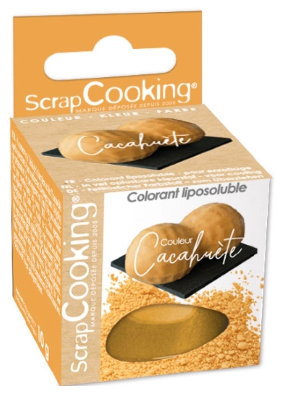 Foto eines kleinen Beutels mit gelborangenem Farbpulver 'Erdnuss' von Scrap Cooking, 10g Packung für Zutaten im Backbereich.