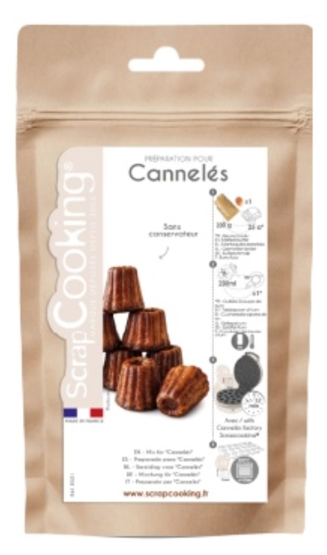Verpackung der Cannelés Backmischung 225g von Scrap Cooking in Braun, rechteckige Form, mit Herstellerangaben und Artikelnummer 8521 bedruckt.