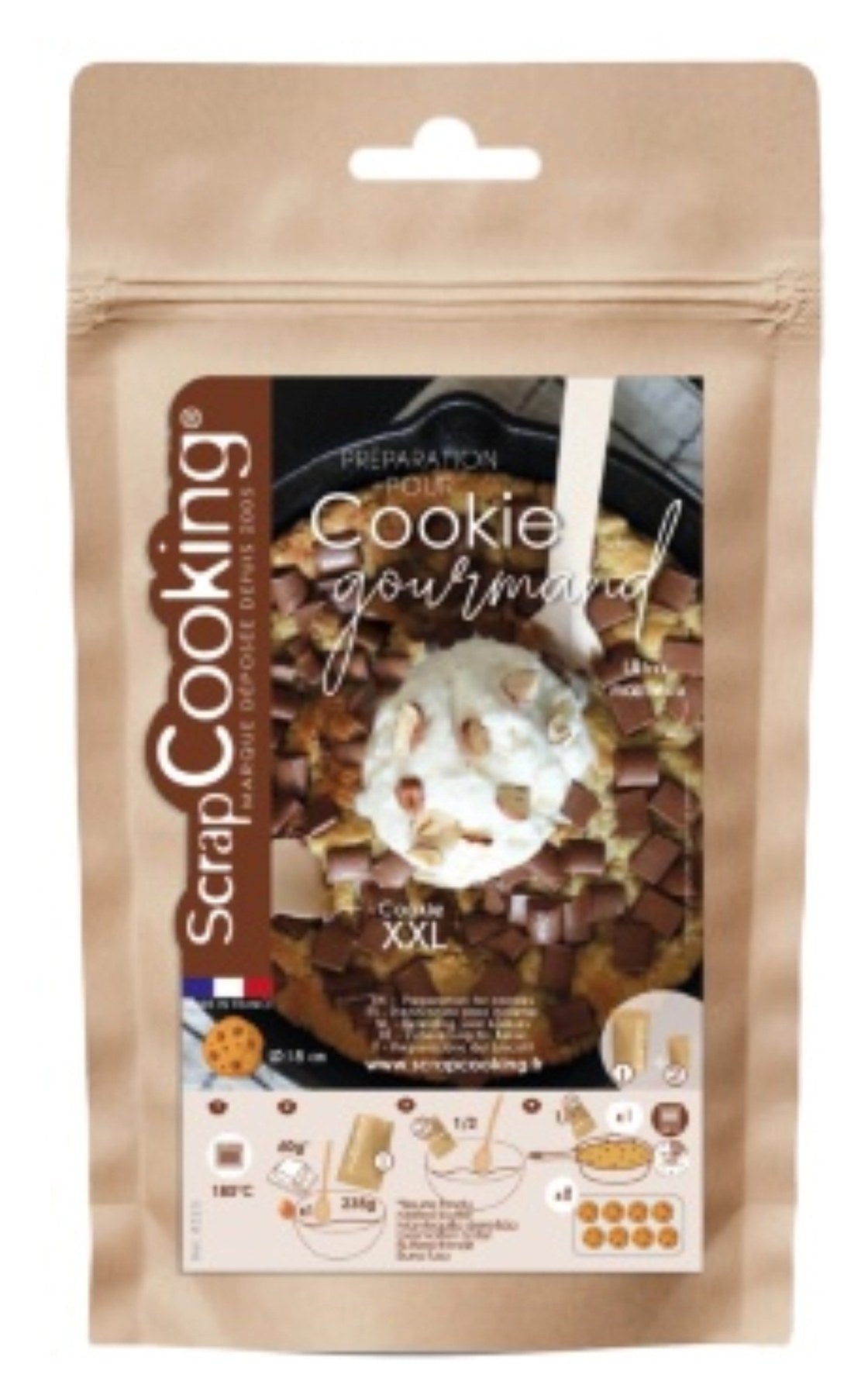 Verpackung der Gourmet Cookie Backmischung 290g von Scrap Cooking in brauner Farbgebung, Zutat für die Zubereitung von Keksen.