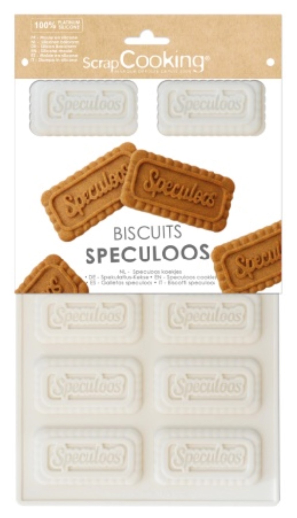 Weisse Silikonform von Scrap Cooking mit Spekulatius-Musterprägung, rechteckige Backform aus Silikon für Gebäck.