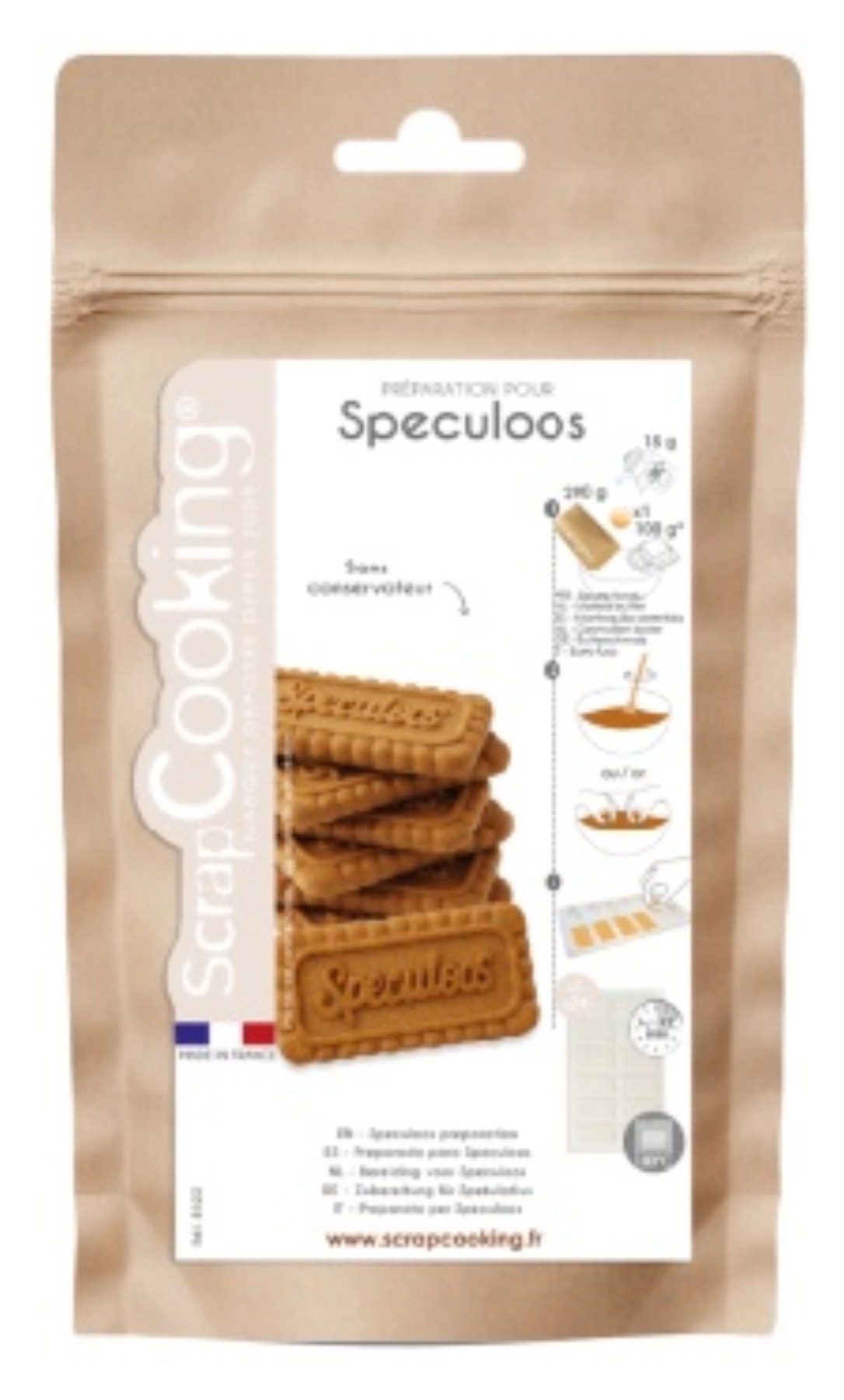 Braune Verpackung der Spekulatius Backmischung 290g von Scrap Cooking, rechteckige Form mit den Massen 22.8 x 13.7 x 6.5 cm