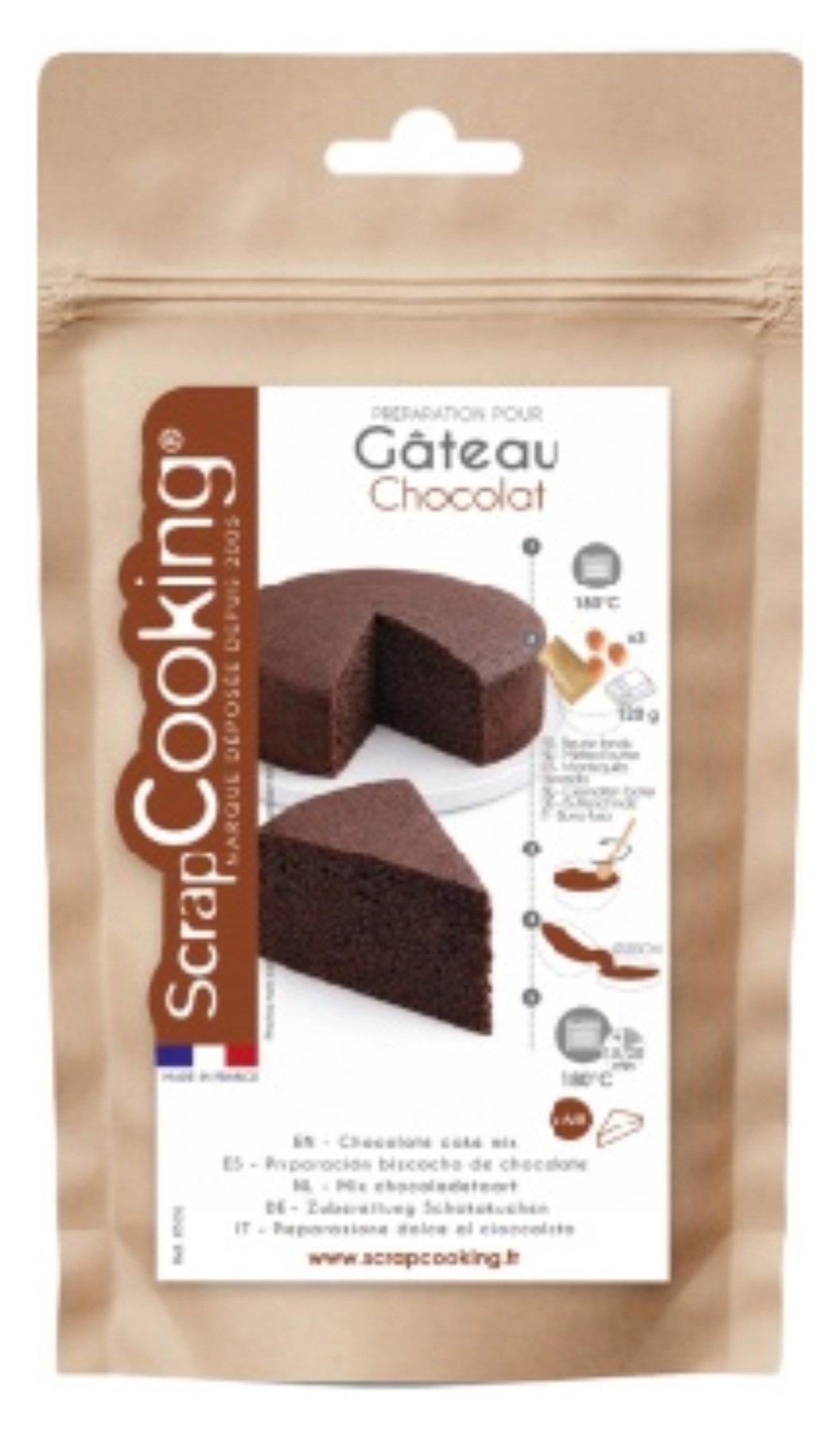 Verpackung der Schokoladenkuchen Backmischung 295g von Scrap Cooking in brauner Farbe, rechteckige Form, Zutaten-Produkt für Kuchenbacken.