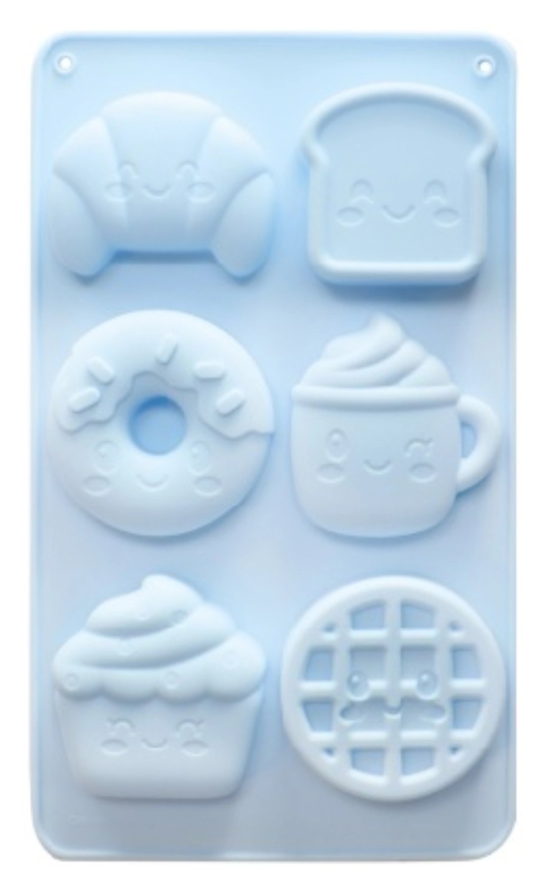 Hellblaue Silikonform Kawaii von Scrap Cooking, Backform mit niedlichen Kawaii-Motiven, Masse 32.3 x 17.6 x 2.8 cm, aus Silikon.