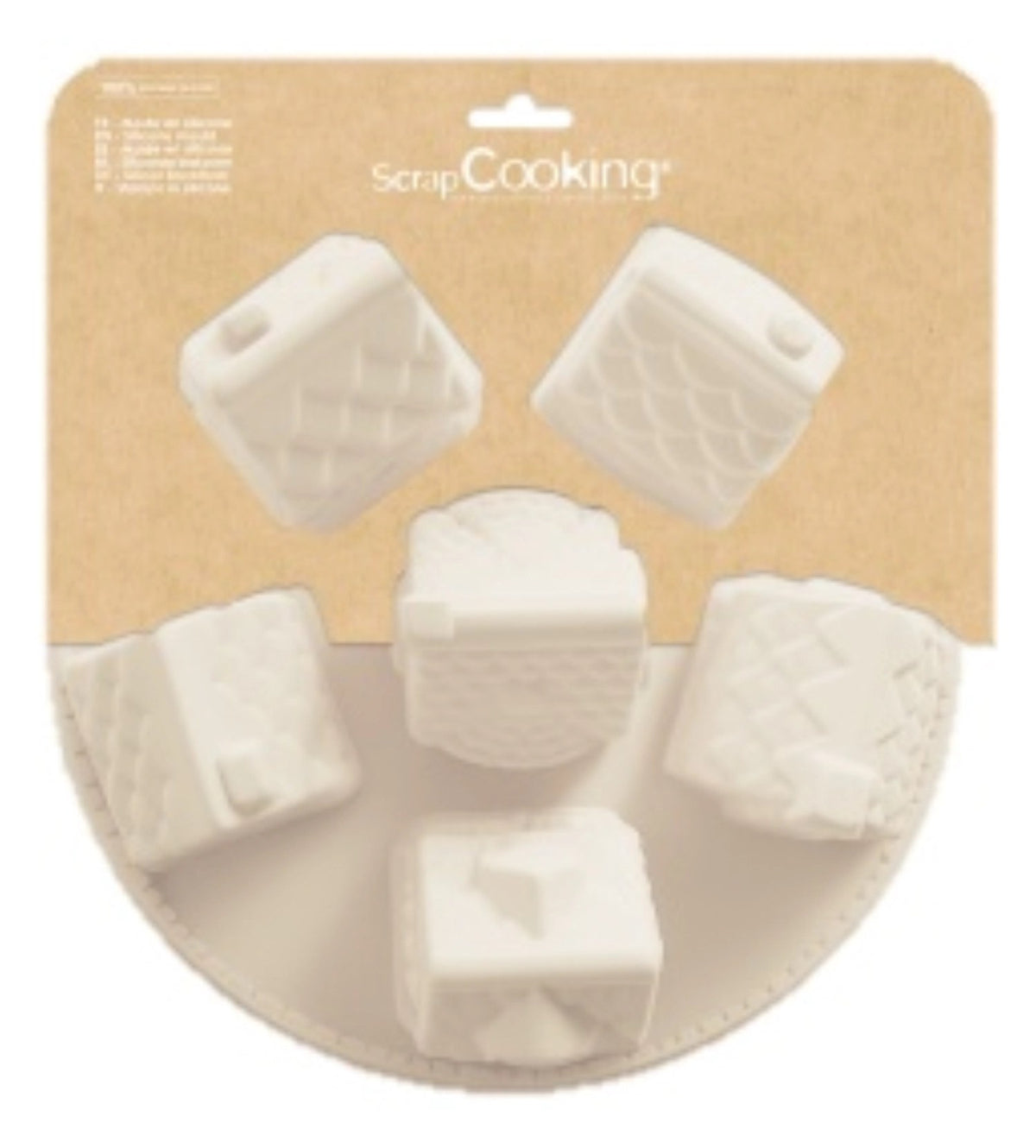 Weisse Silikonform mit Motiv kleiner Häuschen (Cottages), Masse 26x26x7cm, Backform von Scrap Cooking, Artikelnummer 2985.