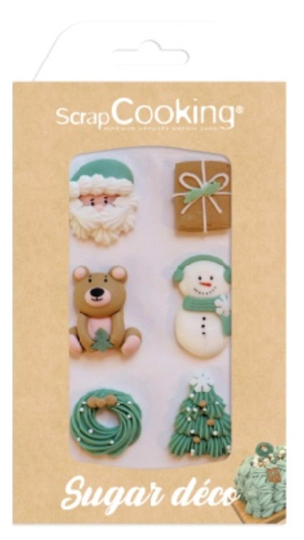 Grünes Zuckerdekor mit Weihnachtsmotiven von Scrap Cooking, rechteckige Form, Masse 18.4 x 10 x 2 cm, als Zutat für Backwaren.