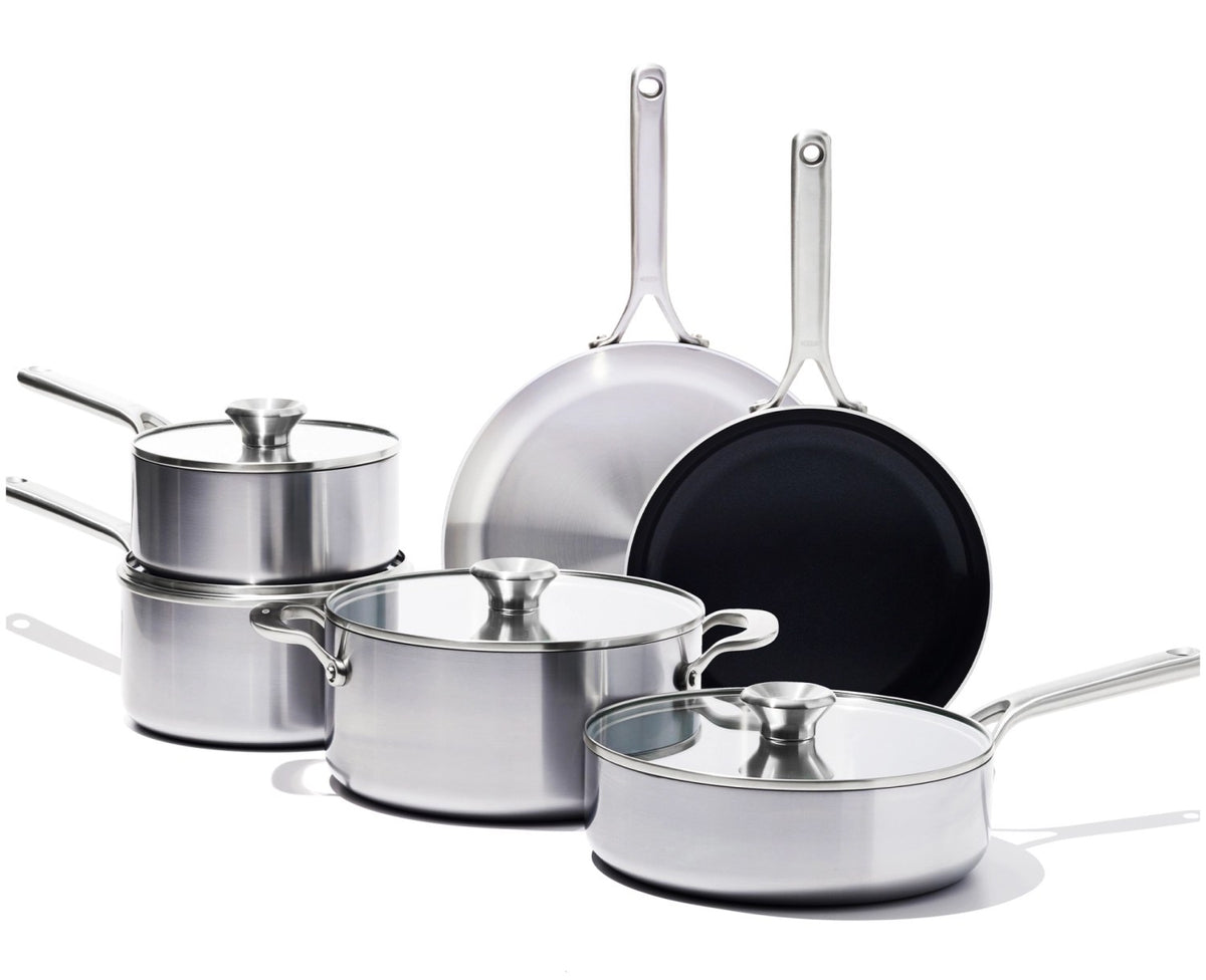 Zehnteiliges OXO Mira Kochgeschirrset aus Chromstahl mit Glasdeckeln, Kochtöpfen, Stieltöpfen und Sautierpfanne, Edelstahlgriffe.