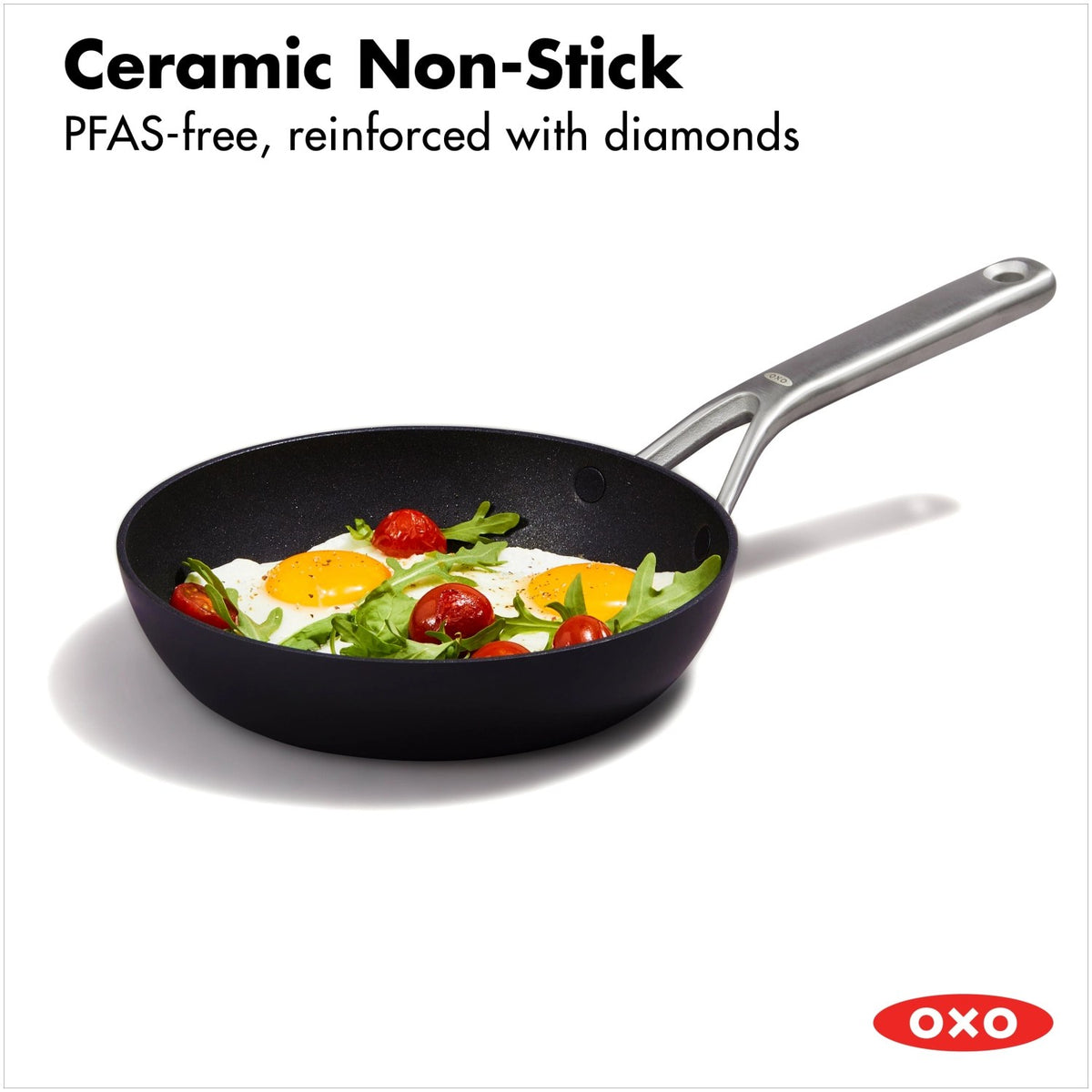 Schwarze OXO Bratpfanne mit Keramikbeschichtung, rundem Boden und hart-anodisiertem Aluminiumkörper, Durchmesser 20cm, schwarzer Griff.