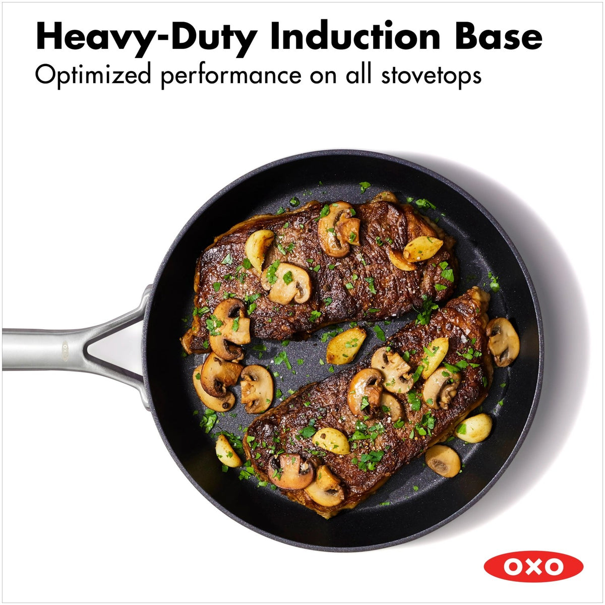 Schwarze Bratpfanne mit keramischer Antihaftbeschichtung und Induktionsboden, rund geformt, Durchmesser 26 cm, Marke OXO.