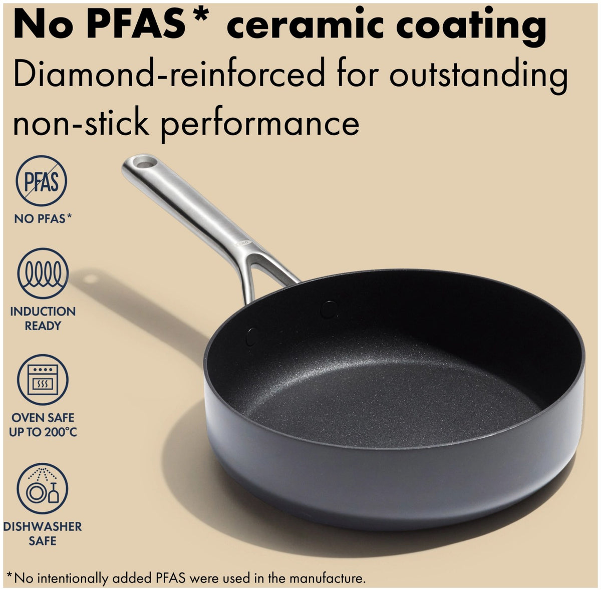 Schwarze OXO Ceramic Professional Bratpfanne aus hart-anodisiertem Aluminium mit Glasdeckel, keramischer Antihaftbeschichtung und Induktionsboden.